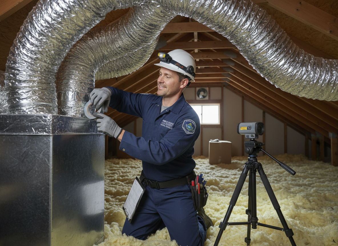 Professional stock photo-style image for a local home energy / HVAC testing company: a real HVAC technician in uniform working on residential ductwork or attic insulation in a house, with visible ductwork or insulation and subtle background details suggesting a home interior or attic. No abstract graphics, no solid color background. Natural, trustworthy, local contractor / home services feel.